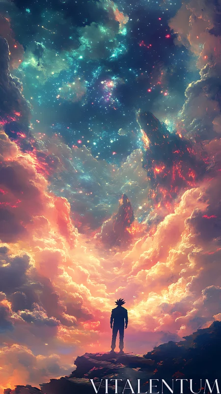 Silhouetted figure observes nebular cloudscape under dense starfield