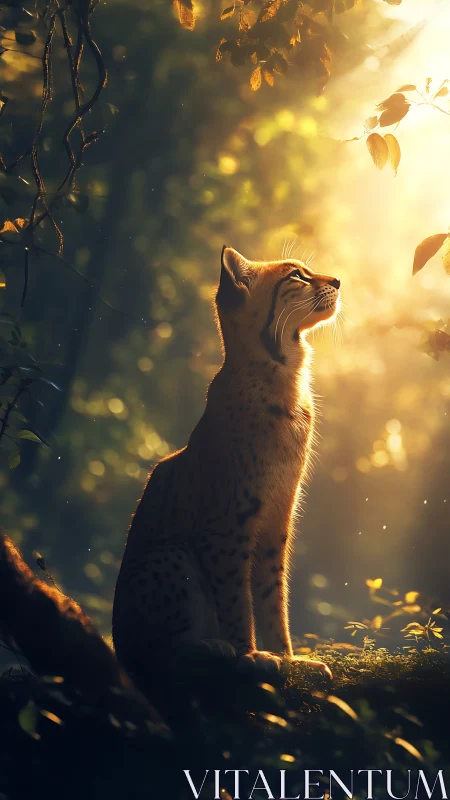 Lynx sits in golden forest light, dust motes glowing softly.