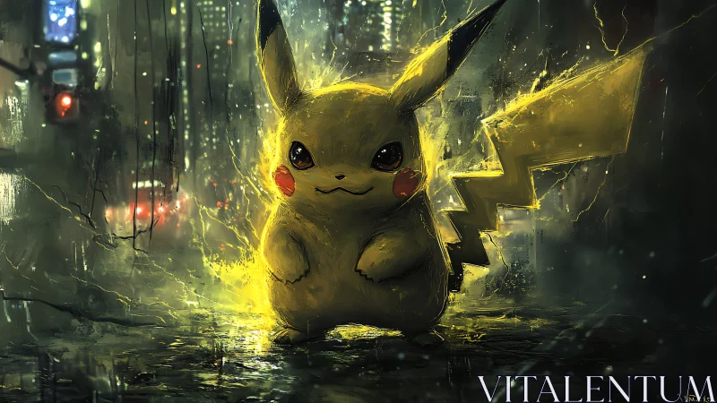 Pikachu stands in rainy neon city street with crackling lightning