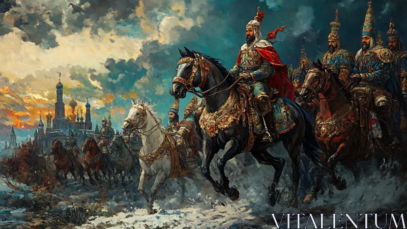 Armored cavalry rides through snow toward distant citadel