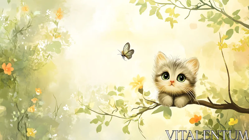 Kitten on Branch Among Spring Flowers and Butterfly.