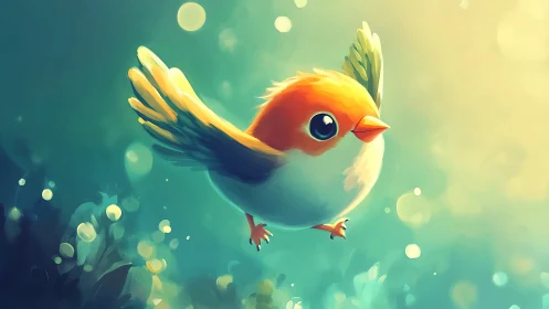 Vibrant cartoon bird in flight with dreamy soft background.