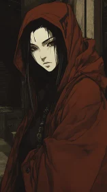 Hooded woman in red cloak standing in dim wooden alley.