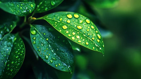 Close-up of green leaves with bright raindrops after rain.