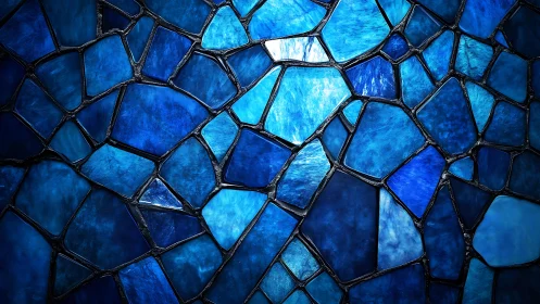 Blue stained glass mosaic with abstract geometric pattern.