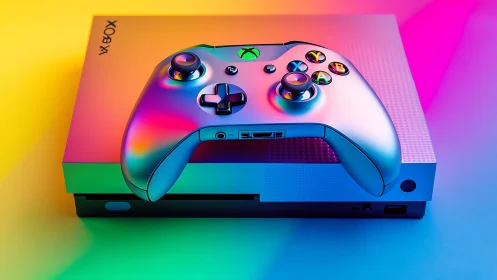 Colorful Xbox Gaming Console with Holographic Controller Display