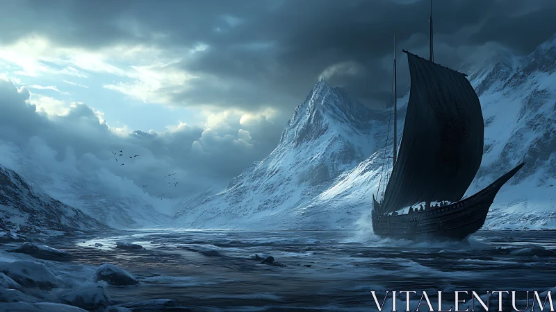Viking longship cuts through icy fjord beneath storm-laden sky