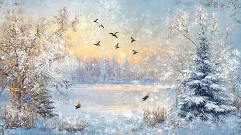 Gentle winter lake at sunrise with birds in soft golden light.
