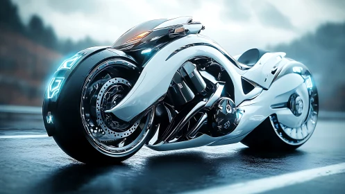 Futuristic white concept motorcycle on wet reflective road.