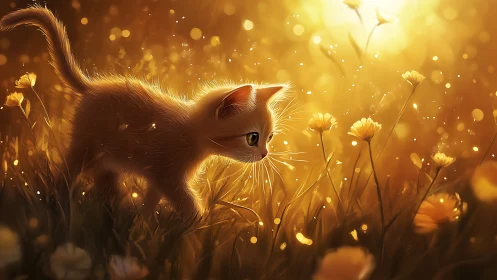 Sunlit kitten explorer in a glittering golden meadow dream.