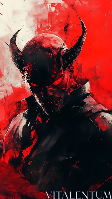 Fiery horned demon stands in swirling shadows and red light