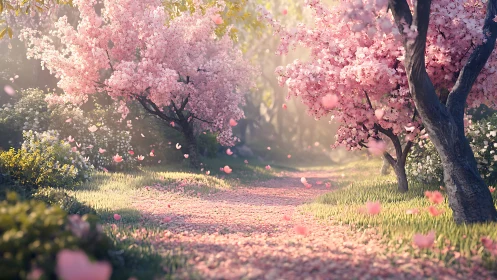 Rendered pathway through blooming cherry trees with scattered petals.