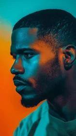 Intense male profile lit by bold teal and orange light.