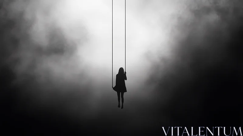 Monochrome silhouette on suspended swing in fog space.