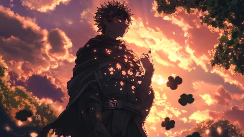 Cloaked anime figure stands under intense orange sunset sky