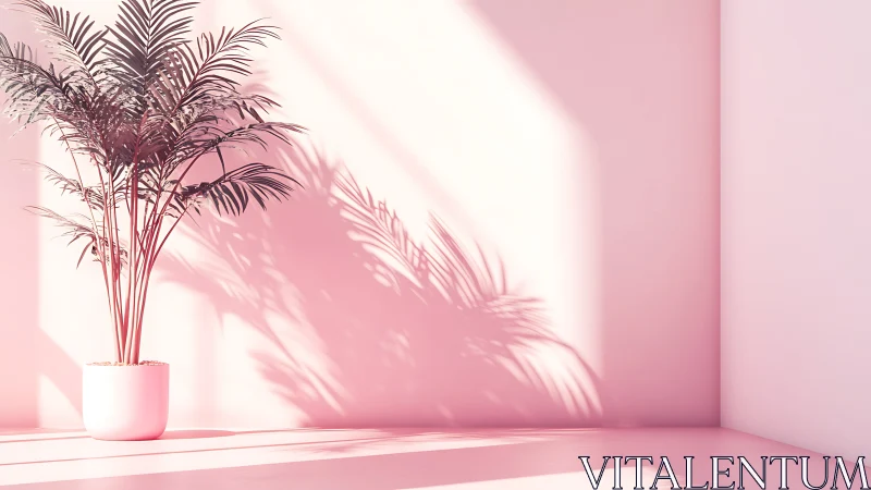 Soft pink corner with sunlit palm and gentle shadows.