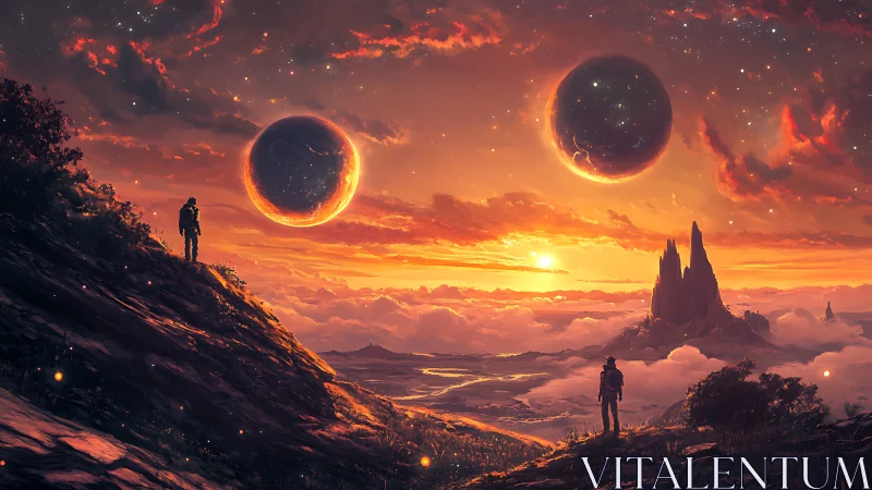 Twin planets hover above explorers in a blazing alien sky.