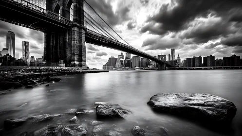 Long-exposure monochrome study of suspension bridge and skyline.