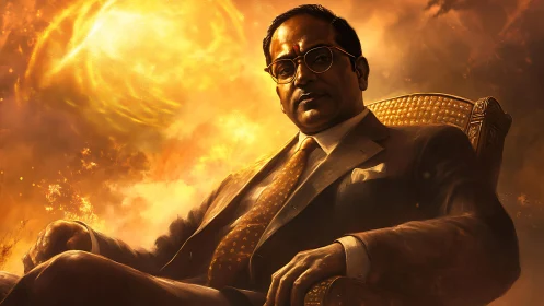 Regal man in suit sits before blazing celestial sun