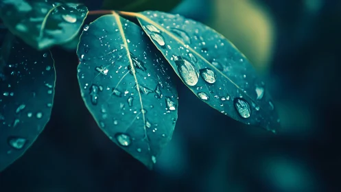 Teal leaves hold crystal raindrops in soft macro focus.