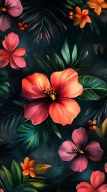 Digital Botanical Illustration: Luminous Hibiscus and Tropical Flora with Dark Tonal Background