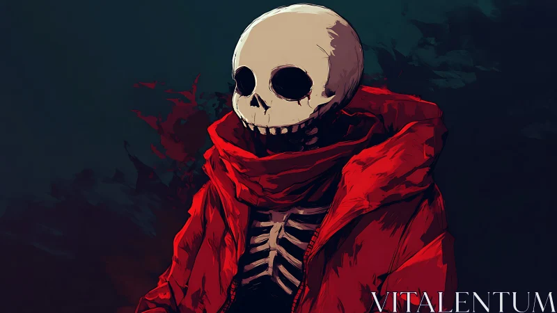 Skeletal figure in red hooded coat against dark painterly void.