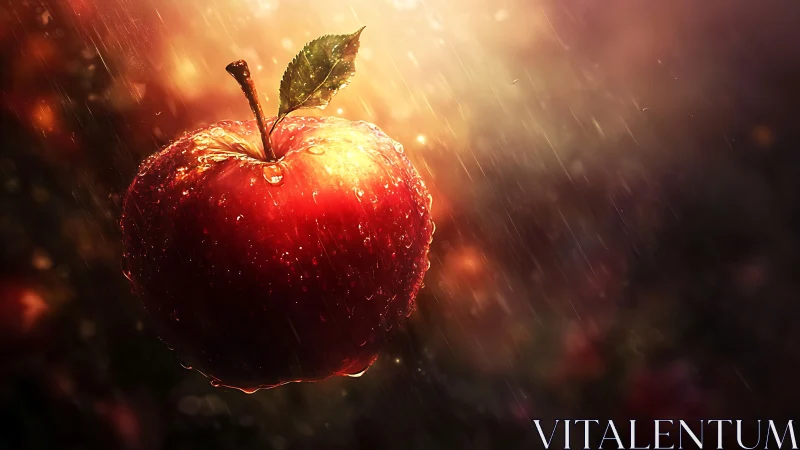 Red apple hangs under warm rain in dramatic backlight
