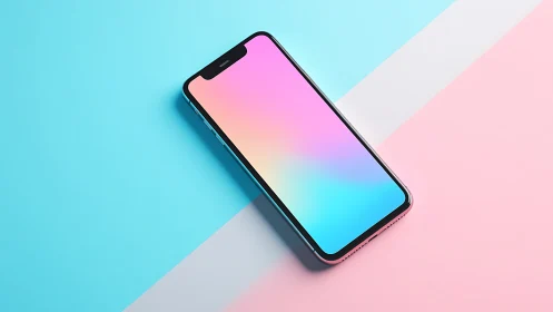 Smartphone mockup with gradient display on color-blocked background.