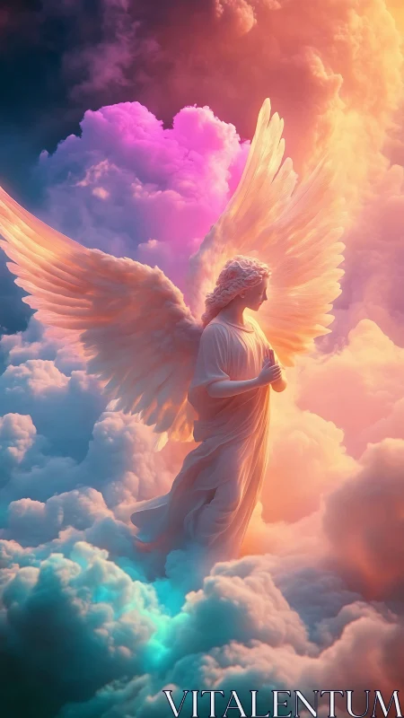 Gentle skyward angel drifting through radiant pastel clouds.