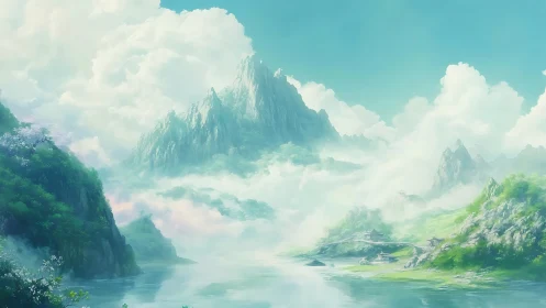 Misty mountain haven above a quiet emerald river valley.