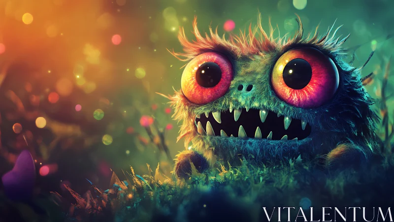 Furry creature with large eyes sits in a shallow forest scene