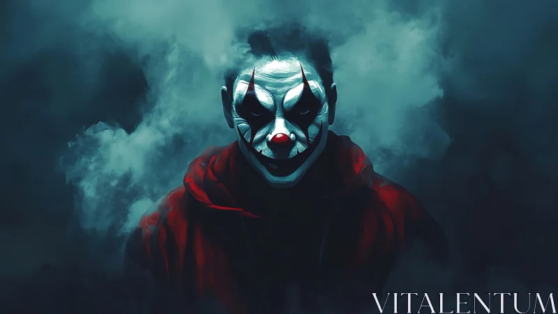 Smoke-wreathed sinister clown in a crimson-shadowed void.