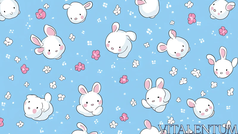 Cute white bunny pattern fills bright blue seamless background
