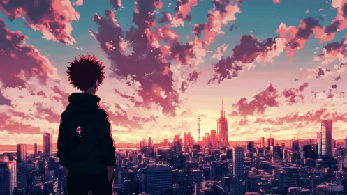 Anime cityscape sunset with lone silhouetted figure.