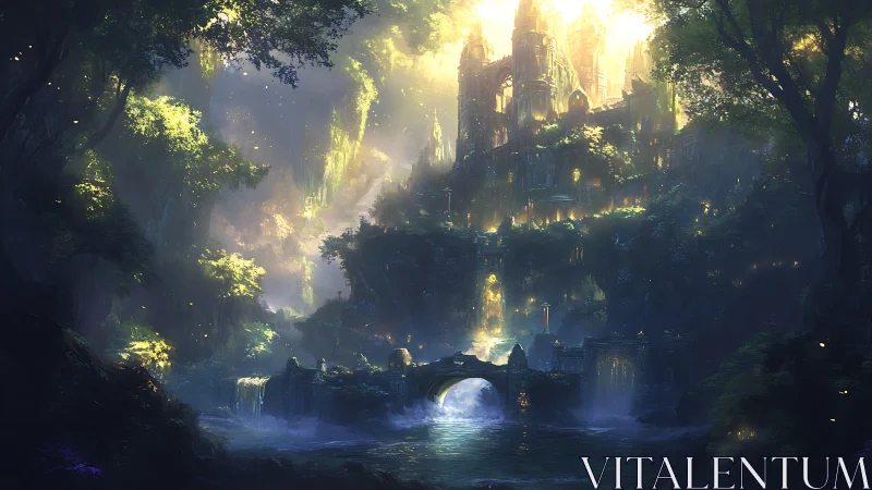 Sunlit elven citadel rises above misty enchanted waterfalls