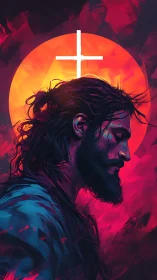 Luminous cross crowns contemplative figure in ember storm.