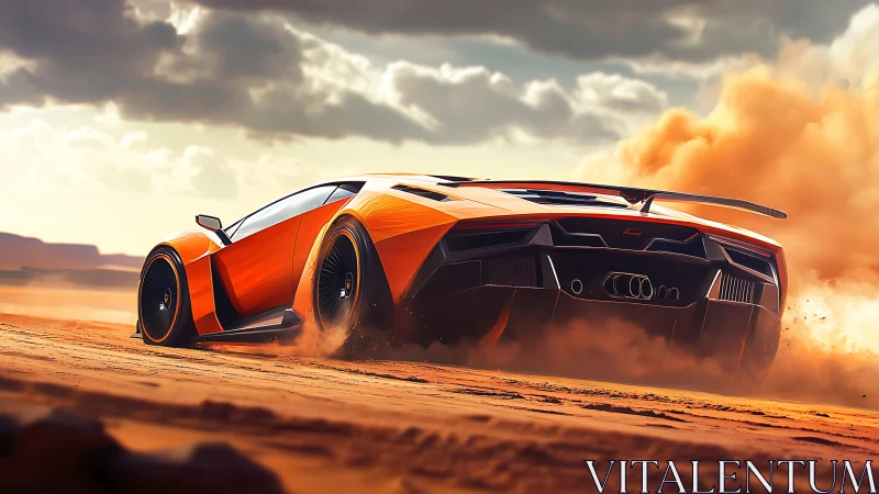 Sunlit supercar slingshots through desert dust and thunder.