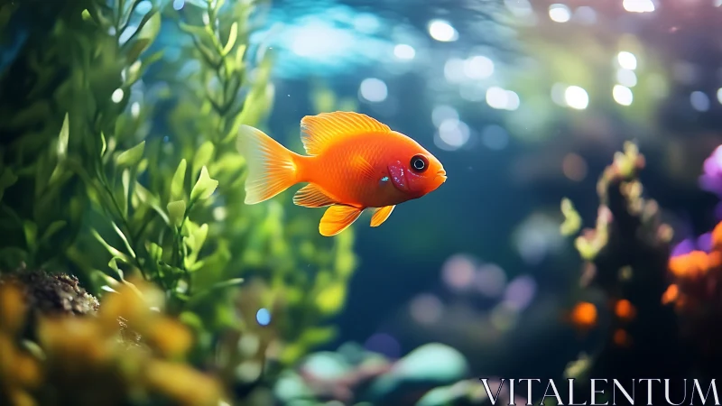 Bright orange fish glides through lush underwater reef.