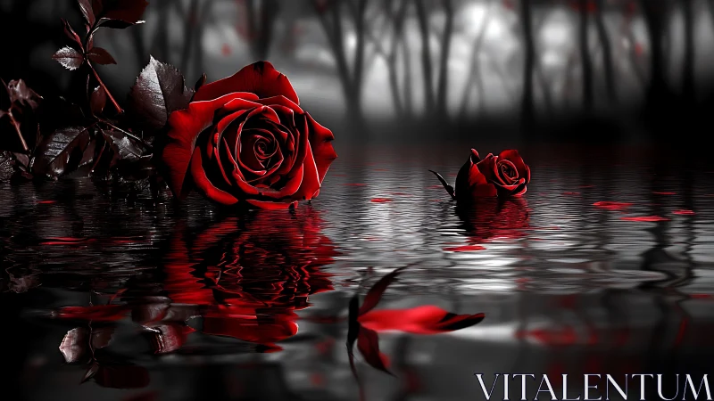 Crimson Reverie: Roses Floating Through Misty Silence.
