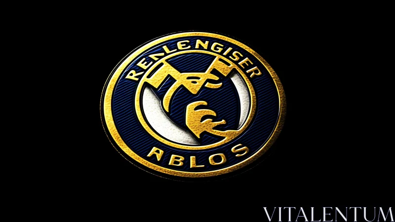 Gold and blue circular emblem with abstract lion motif.