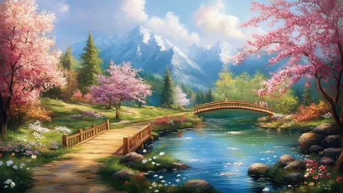 Idyllic spring landscape with twin wooden bridges and alpine backdrop