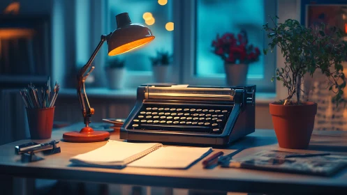 Orderly writing desk with typewriter and desk lamp at dusk.