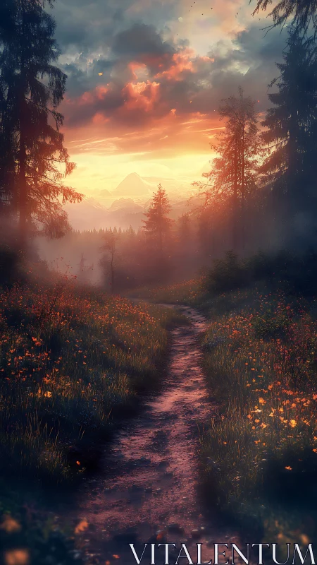 Sunlit forest trail leading toward distant misty peaks.