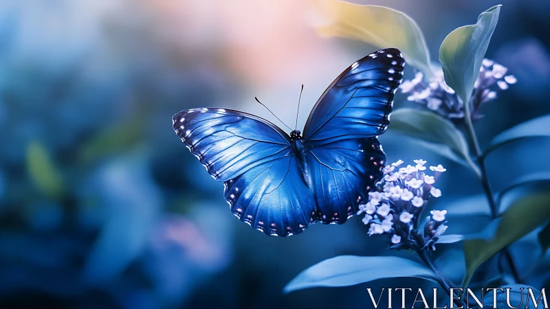 Gentle blue butterfly resting softly in evening garden glow.
