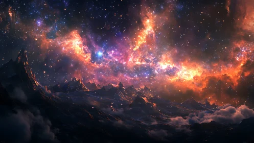 Stellar nebula above dark mountain range at night.