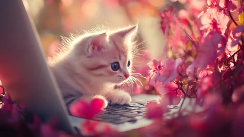 Kitten's Magical Garden: Innocence Among Pink Blooms.