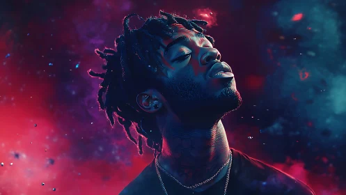 Neon lit portrait drifts in a cosmic, dreamlike atmosphere.