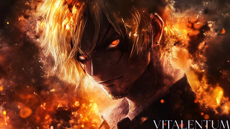 Infernal blonde antihero portrait in blazing orange embers.