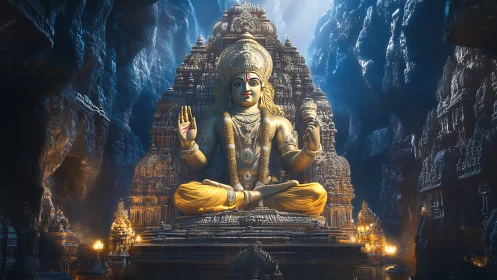 Luminous golden deity enthroned in a cavern of carved temples.