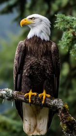 Bald eagle grips mossy branch in sharp forest portrait
